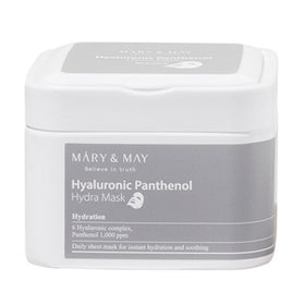 Hvid beholder med gråt label: "Mary&May Hyaluronic Panthenol Hydra Mask" og ingrediensinfo.