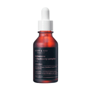 Brun glasflaske med hvid dråbe, mærket "Mary&May Idebenone + Blackberry Complex Serum".