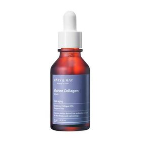 Brunt glasflaske med hvid pipette, blå label med tekst "Mary&May Marine Collagen Serum".