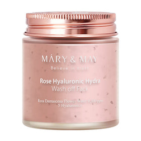 Rosa krukke med roseguld låg, mærket "MARY & MAY Rose Hyaluronic Hydra Wash Off Pack".