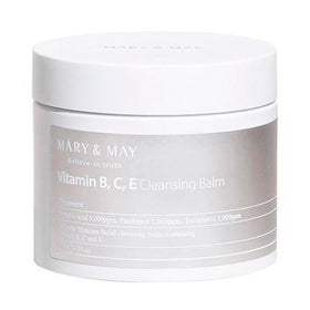 Hvid krukke med "Mary&May Vitamin B, C, E Cleansing Balm" på etiketten.