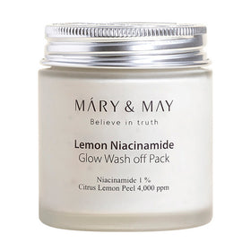 Glasbeholder med sølv låg, mærket "Mary&May Lemon Niacinamide Glow Wash Off Pack".