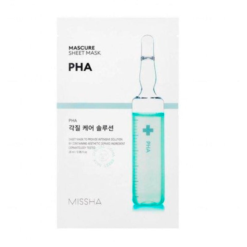 Hvid pakke med Missha PHA sheet mask, illustreret med en blå væskeampul og tekst.