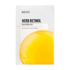 Nacific Herb Retinol Relief Mask Pack med gul cirkulær design. Tekst: "Nourishes skin."