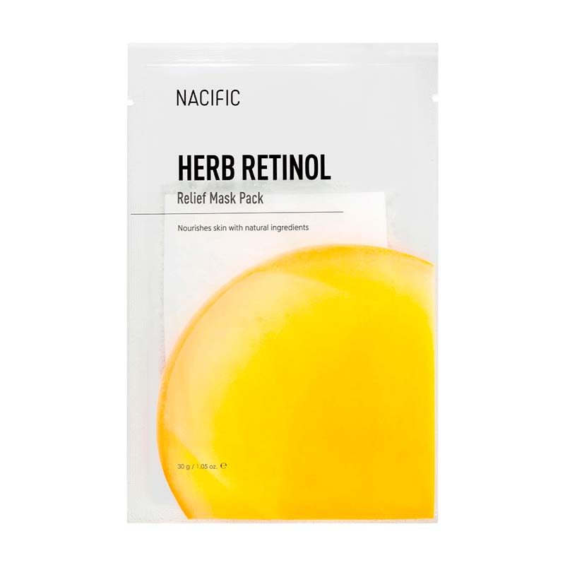 Nacific Herb Retinol Relief Mask Pack med gul cirkulær design. Tekst: "Nourishes skin."
