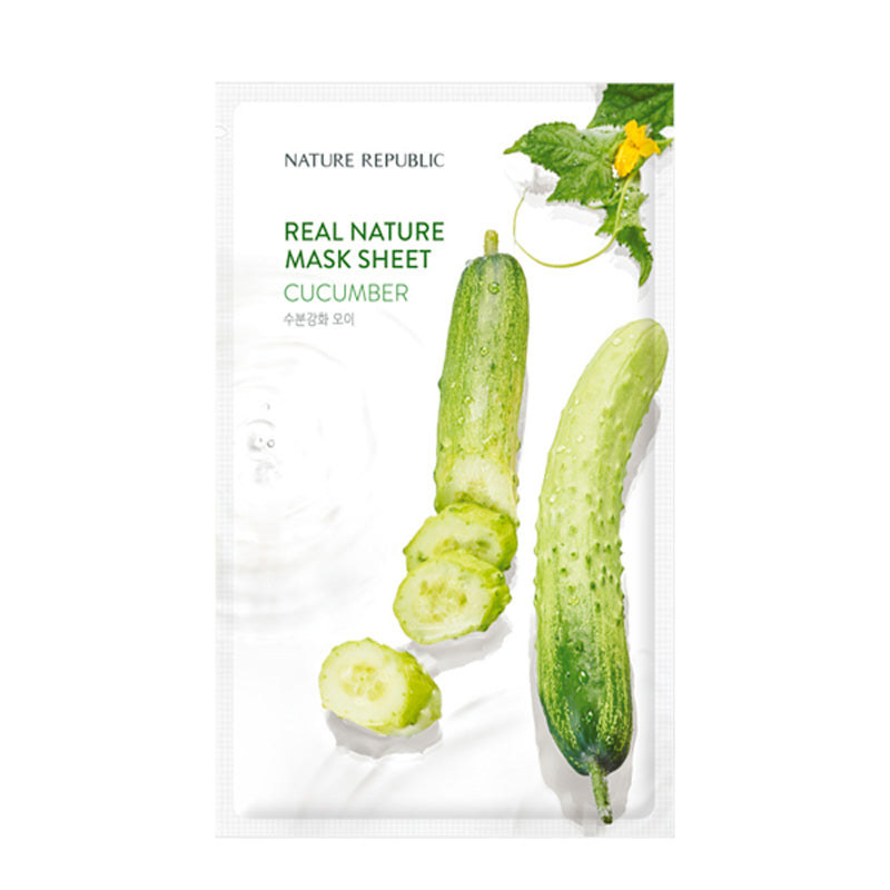 Nature Republic maske med agurkebilleder og tekst. Grønne agurker og gul blomst vises.