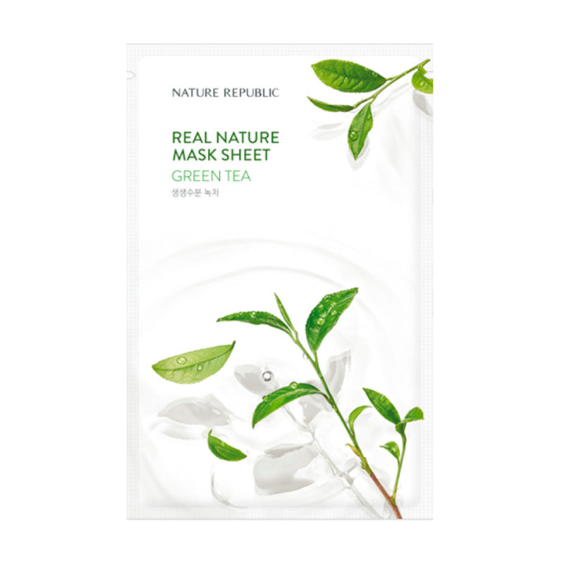 Emballage til Nature Republic maske med grønne teblade og produktnavn i grøn tekst.