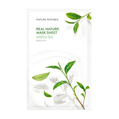 Emballage til Nature Republic maske med grønne teblade og produktnavn i grøn tekst.