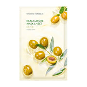 Natur Republic Real Nature Olive Mask Sheet med oliven og blade på lys baggrund.