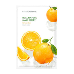 Pakke med Nature Republic Orange Mask, viser hele og skivede appelsiner med grønne blade.