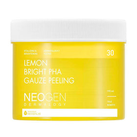 Gul beholder med hvid tekst: "Lemon Bright PHA Gauze Peeling", 190 ml, fra Neogen.