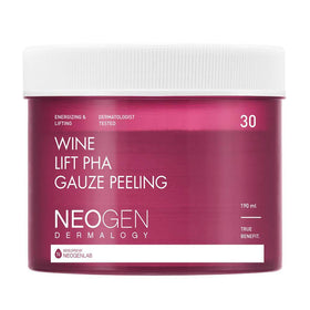 Rød krukke med hvidt låg, tekst: "Wine Lift PHA Gauze Peeling", 30 stk, 190 ml, Neogen Dermatology.