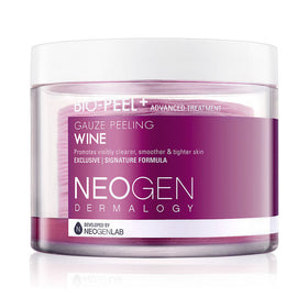 Krukke med Neogen Bio-Peel Gauze Peeling Wine, lilla label, fremmer glattere hud.