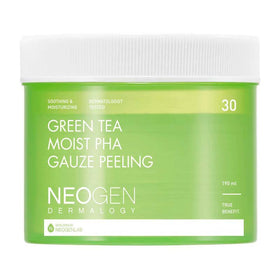 Grøn beholder med teksten "Green Tea Moist PHA Gauze Peeling," 190 ml, Neogen Dermatology.