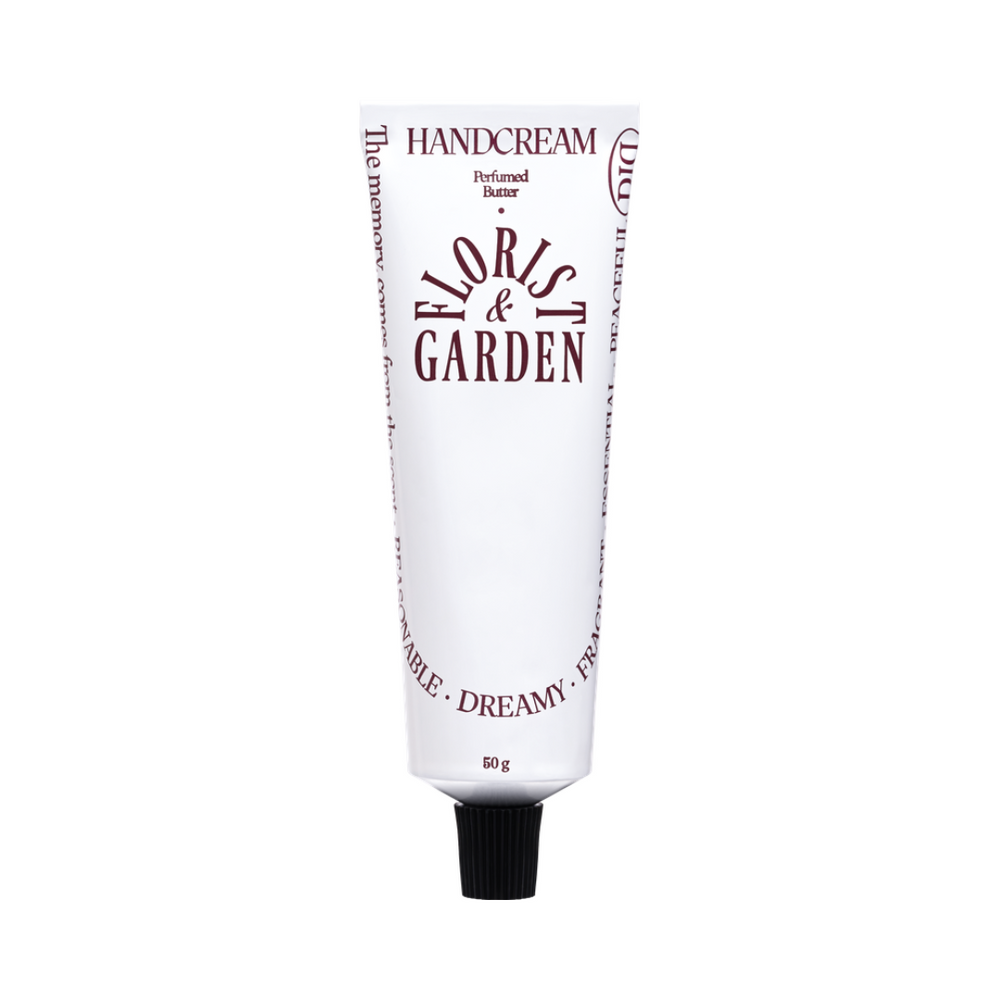 Håndcremetube med tekst "Florist & Garden" på forsiden. Hvid med sort låg, 50 g.