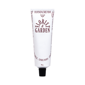 Håndcremetube med tekst "Florist & Garden" på forsiden. Hvid med sort låg, 50 g.