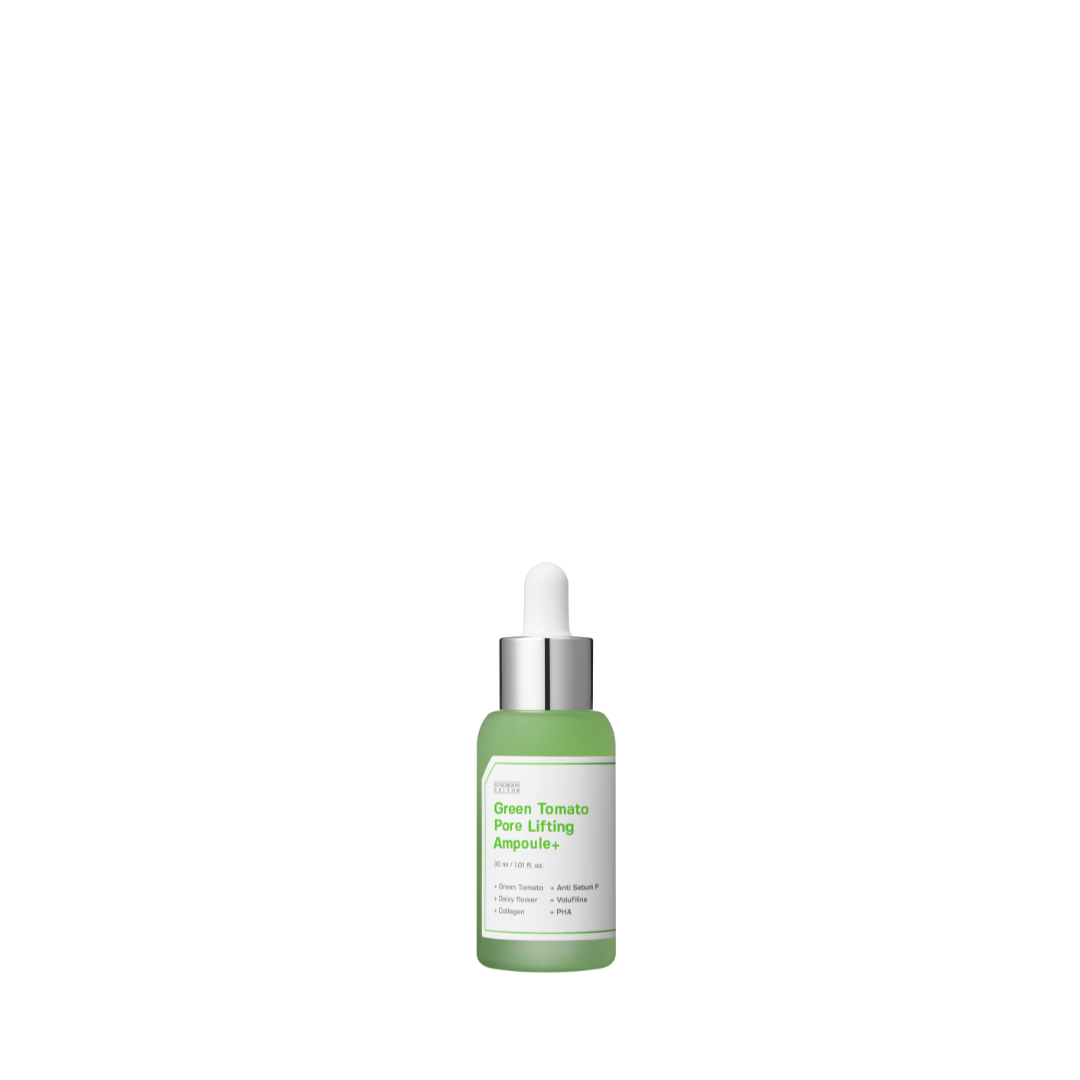 Grøn flaske med hvid etiket, tekst: "Green Tomato Pore Lifting Ampoule+".