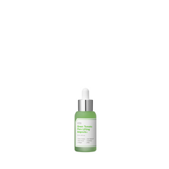 Grøn flaske med hvid etiket, tekst: "Green Tomato Pore Lifting Ampoule+".