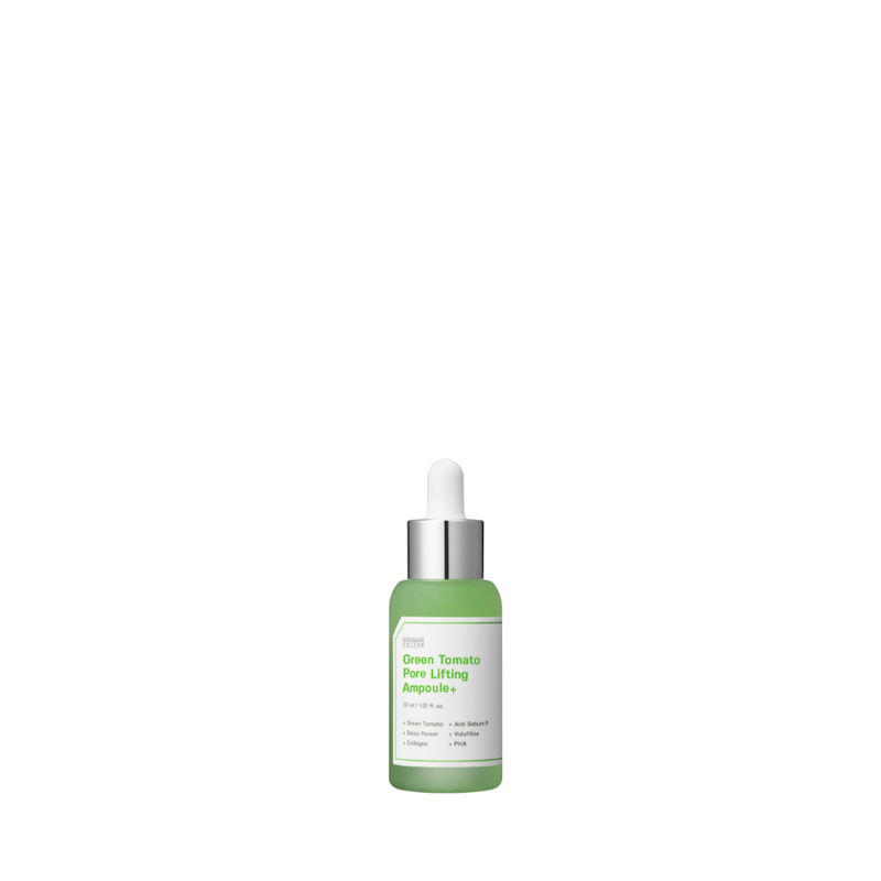 Grøn flaske med hvid etiket, tekst: "Green Tomato Pore Lifting Ampoule+".