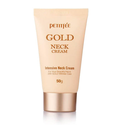 Tube med Petitfee Gold Neck Cream, beige med guldbogstaver og guldlåg, 50g.