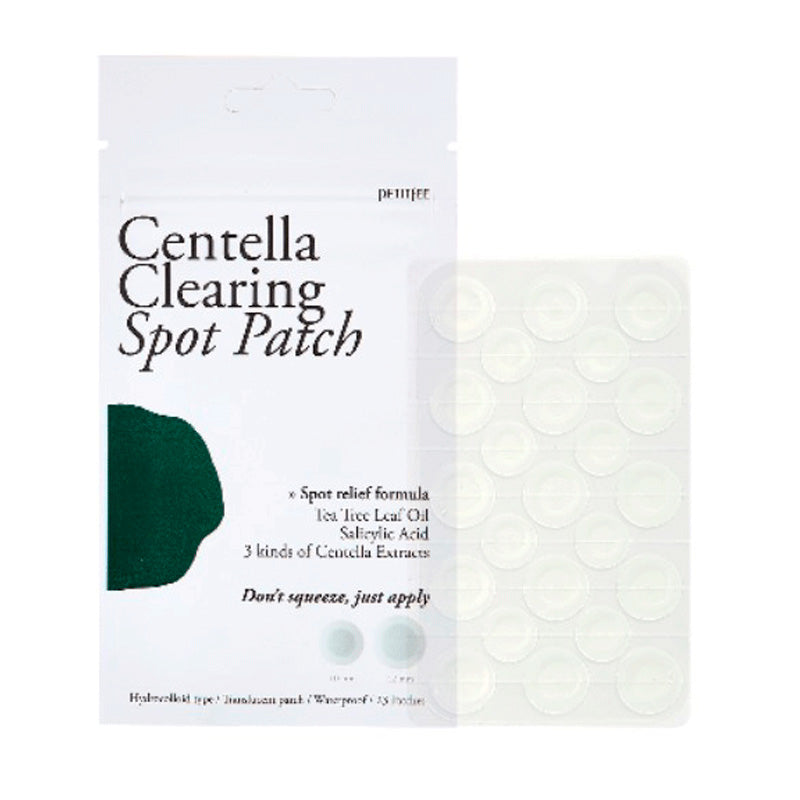 Pakke Petitfee Centella Clearing Spot Patch med tekst og synlig ark med runde plastre.