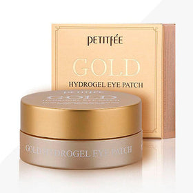 Guldæske og krukke med teksten "Petitfee Gold Hydrogel Eye Patch" i elegant skrift.