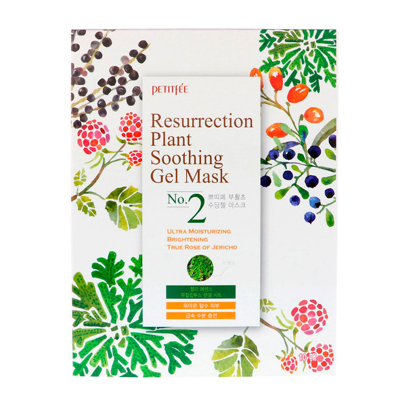 Emballage med farverige botaniske mønstre og teksten "Resurrection Plant Soothing Gel Mask".