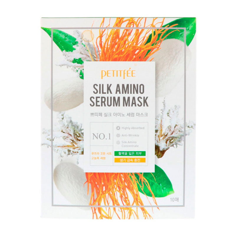 Emballage af Petitfee Silk Amino Serum Mask med silkekokoner og grønne blade.
