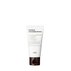 Hvid tube med brunt låg af Purito From Green Deep Foaming Cleanser, 30 ml, med produkttekst.