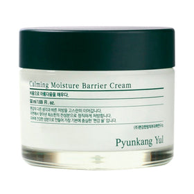 Hvid krukke med sort låg og tekst "Calming Moisture Barrier Cream" fra Pyunkang Yul.