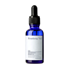 Blå glasflaske med pipette og hvidtiket, mærket "Pyunkang Yul - Oil".