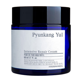 Blå krukke med sort låg, mærket "Pyunkang Yul Intensive Repair Cream," 50 ml.