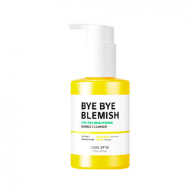 Gul flaske med hvid pumpe. Etikette: "Bye Bye Blemish Vita Tox Brightening Bubble Cleanser".