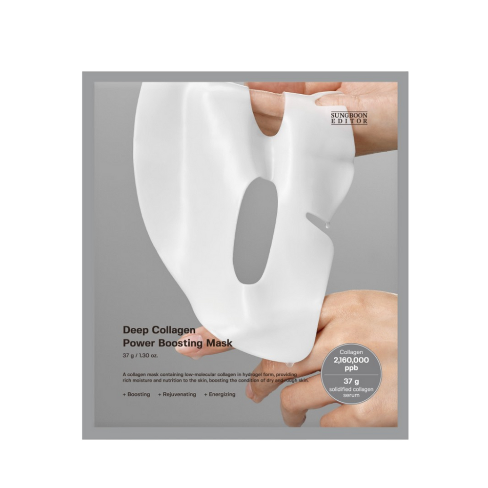 Hvide hænder holder en hvid collagen ansigtsmaske mod grå baggrund. Tekst beskriver maskens fordele.