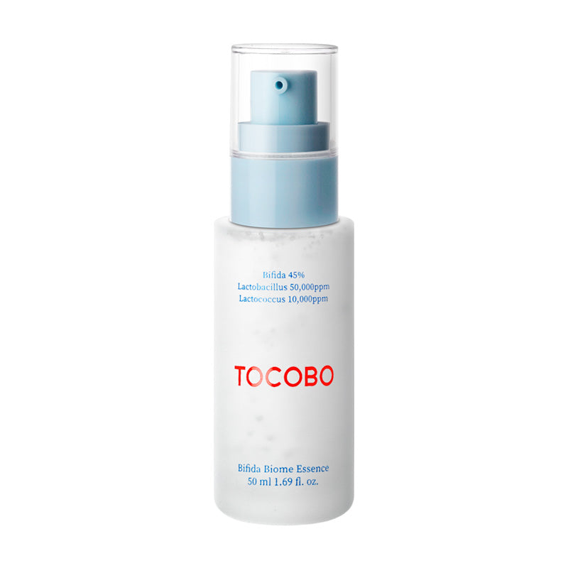 Flaske med blå pumpe, mærket "TOCOBO", indeholder Bifida 45% og andre ingredienser, 50 ml.