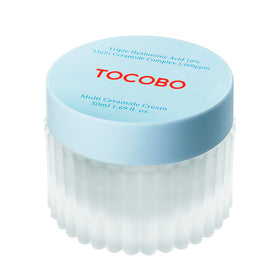 Lysblå låg, rød tekst "TOCOBO", ribbet frostet glasbeholder til Multi Ceramide Cream, 50ml.