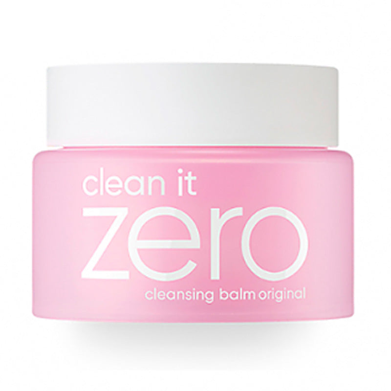 Lyserød krukke med hvidt låg, tekst: "clean it zero cleansing balm original".